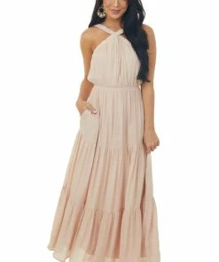 Allie Rose Trends Tea Rose Elastic Halter Neck Tiered Maxi Dress