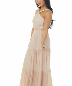 Allie Rose Trends Tea Rose Elastic Halter Neck Tiered Maxi Dress