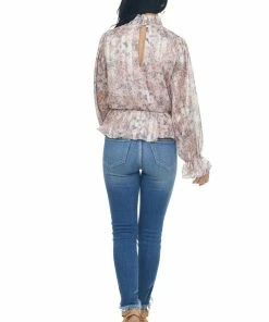 Peach Love Tea Rose Floral Print Mock Neck Satin Blouse Tops 26 Peach Love Tea Rose Floral Print Mock Neck Satin Blouse Tops