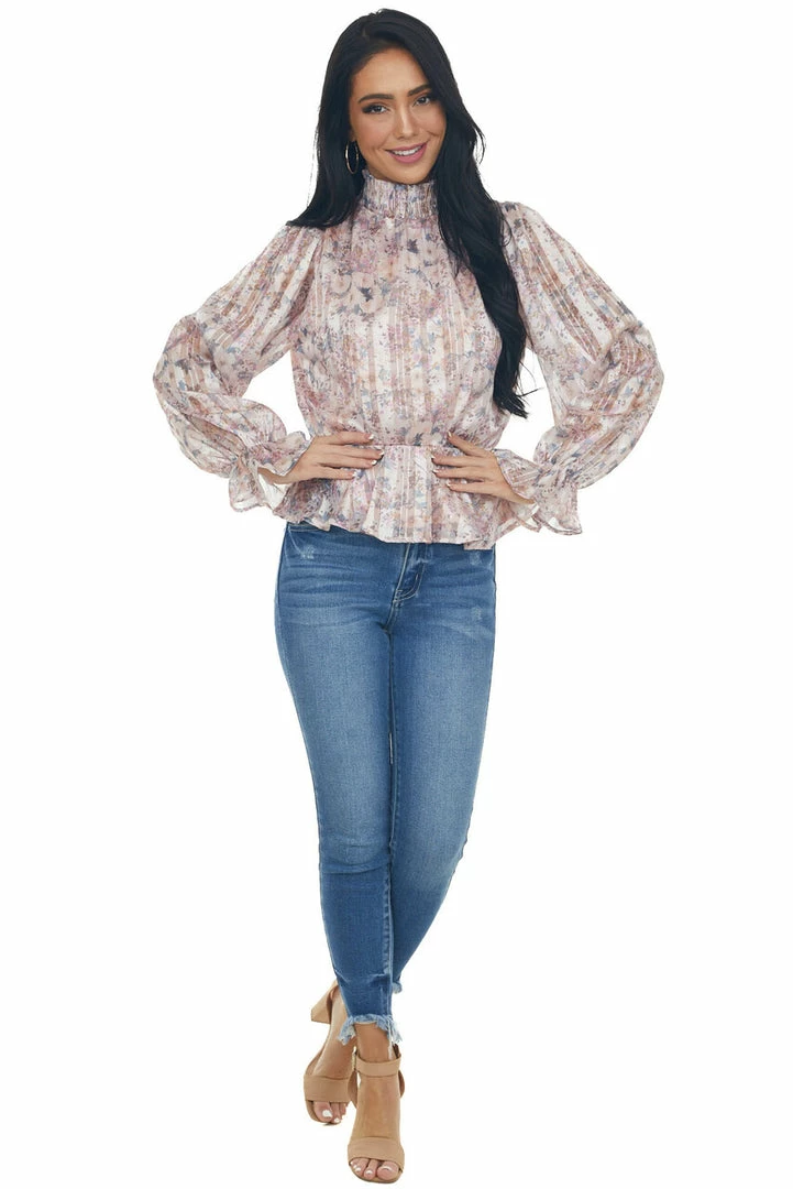 Peach Love Tea Rose Floral Print Mock Neck Satin Blouse Tops 6 Peach Love Tea Rose Floral Print Mock Neck Satin Blouse Tops