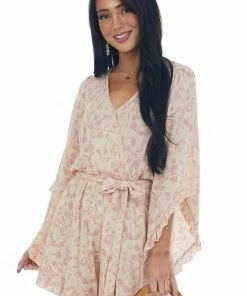 Peach Love Tea Rose Floral Surplice Angel Sleeve Romper