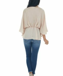Umgee Tea Rose Kimono Sleeve Pleated Peplum Blouse Tops