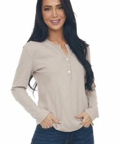 Charlotte Avery Tops Tea Rose Long Sleeve Notch Neck Henley Top