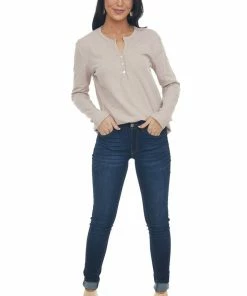 Charlotte Avery Tops Tea Rose Long Sleeve Notch Neck Henley Top