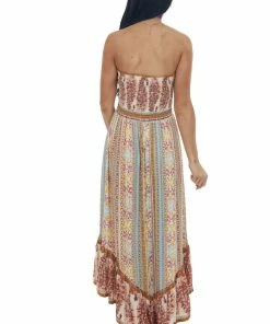 ANGIE Tea Rose Printed Strapless Smocked Woven Midi Dress