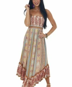 ANGIE Tea Rose Printed Strapless Smocked Woven Midi Dress