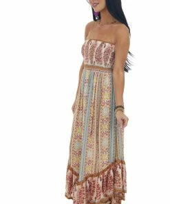ANGIE Tea Rose Printed Strapless Smocked Woven Midi Dress