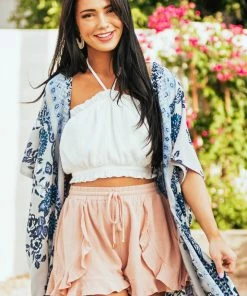 Allie Rose Tea Rose Drawstring Waist Linen Ruffle Shorts Bottoms