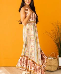 ANGIE Tea Rose Printed Strapless Smocked Woven Midi Dress