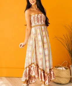 ANGIE Tea Rose Printed Strapless Smocked Woven Midi Dress