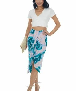 FSL APPAREL Teal Abstract Faux Wrap Knit Elastic Midi Skirt Bottoms