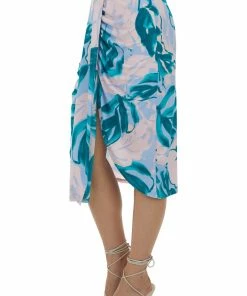 FSL APPAREL Teal Abstract Faux Wrap Knit Elastic Midi Skirt Bottoms