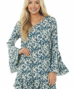 Hailey & Co Teal Blue Floral Print Bell Sleeve Short Dress Dresses