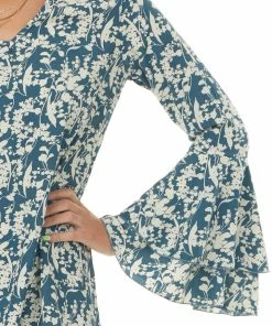 Hailey & Co Teal Blue Floral Print Bell Sleeve Short Dress Dresses
