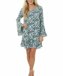 Hailey & Co Teal Blue Floral Print Bell Sleeve Short Dress Dresses