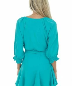 Umgee Teal Bubble Sleeve Flounce Hem Godet Dress