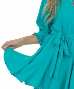 Umgee Teal Bubble Sleeve Flounce Hem Godet Dress