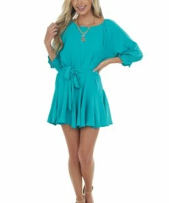Umgee Teal Bubble Sleeve Flounce Hem Godet Dress