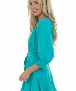 Umgee Teal Bubble Sleeve Flounce Hem Godet Dress