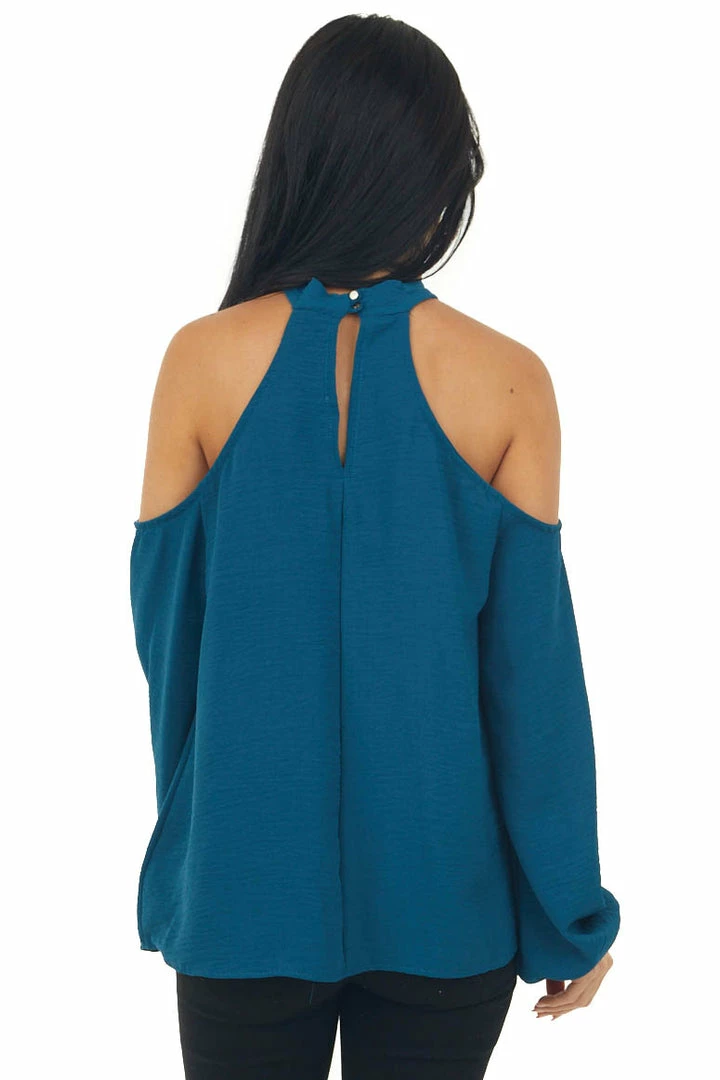 Lime Lush Teal Cold Shoulder Bubble Sleeve Halter Top 7 Lime Lush Teal Cold Shoulder Bubble Sleeve Halter Top