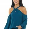 Lime Lush Teal Cold Shoulder Bubble Sleeve Halter Top