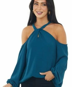 Lime Lush Teal Cold Shoulder Bubble Sleeve Halter Top