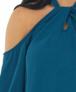 Lime Lush Teal Cold Shoulder Bubble Sleeve Halter Top 14 Lime Lush Teal Cold Shoulder Bubble Sleeve Halter Top