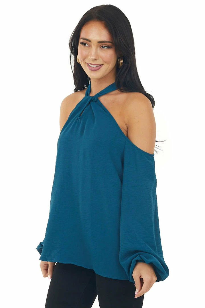 Lime Lush Teal Cold Shoulder Bubble Sleeve Halter Top 6 Lime Lush Teal Cold Shoulder Bubble Sleeve Halter Top