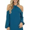 Lime Lush Teal Cold Shoulder Keyhole Long Sleeve Dress