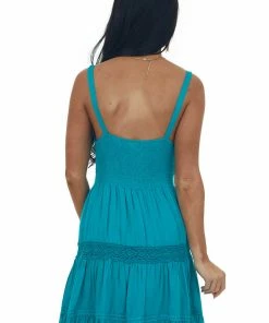 Easel Dresses Teal Crochet Lace V Neck Ruffle Hem Dress