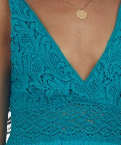 Easel Dresses Teal Crochet Lace V Neck Ruffle Hem Dress