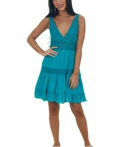 Easel Dresses Teal Crochet Lace V Neck Ruffle Hem Dress