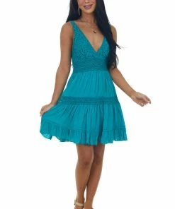 Easel Dresses Teal Crochet Lace V Neck Ruffle Hem Dress