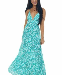 Timing Teal Daisy Print V Neck Open Back Maxi Dress