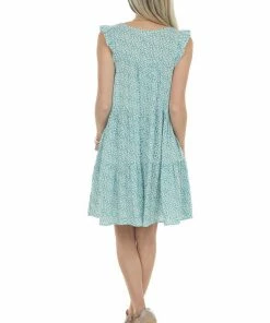 Ces Femme Teal Ditsy Floral Ruffle Cap Sleeve Dress Dresses