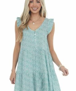 Ces Femme Teal Ditsy Floral Ruffle Cap Sleeve Dress Dresses