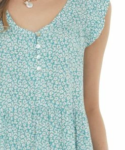 Ces Femme Teal Ditsy Floral Ruffle Cap Sleeve Dress Dresses