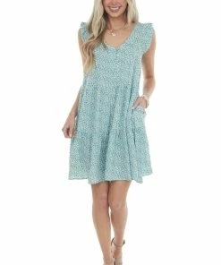 Ces Femme Teal Ditsy Floral Ruffle Cap Sleeve Dress Dresses