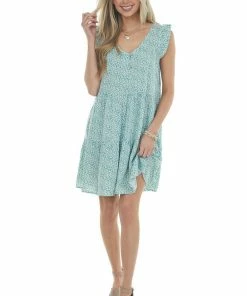 Ces Femme Teal Ditsy Floral Ruffle Cap Sleeve Dress Dresses