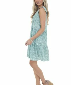 Ces Femme Teal Ditsy Floral Ruffle Cap Sleeve Dress Dresses
