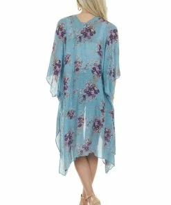 ANGIE Teal Floral Print Half Sleeve Kimono With Side Slits