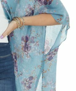 ANGIE Teal Floral Print Half Sleeve Kimono With Side Slits