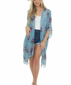 ANGIE Teal Floral Print Half Sleeve Kimono With Side Slits