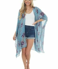 ANGIE Teal Floral Print Half Sleeve Kimono With Side Slits