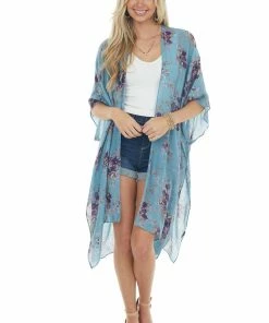 ANGIE Teal Floral Print Half Sleeve Kimono With Side Slits