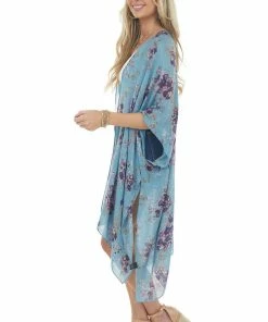 ANGIE Teal Floral Print Half Sleeve Kimono With Side Slits