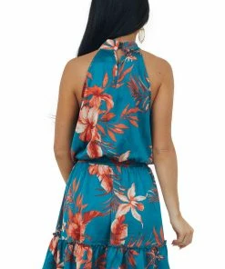 Sweet Lemon Teal Floral Print Halter Neck Ruffle Woven Dress