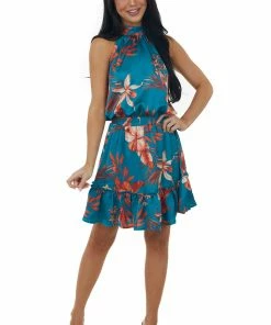 Sweet Lemon Teal Floral Print Halter Neck Ruffle Woven Dress