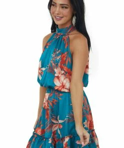 Sweet Lemon Teal Floral Print Halter Neck Ruffle Woven Dress