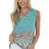 Staccato Teal Floral Print Sleeveless Notch Neck Top Tops